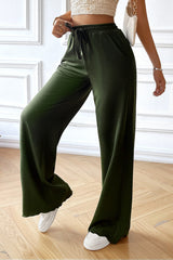 Drawstring Wide Leg Pants with Pocketed - Matcha Green / S