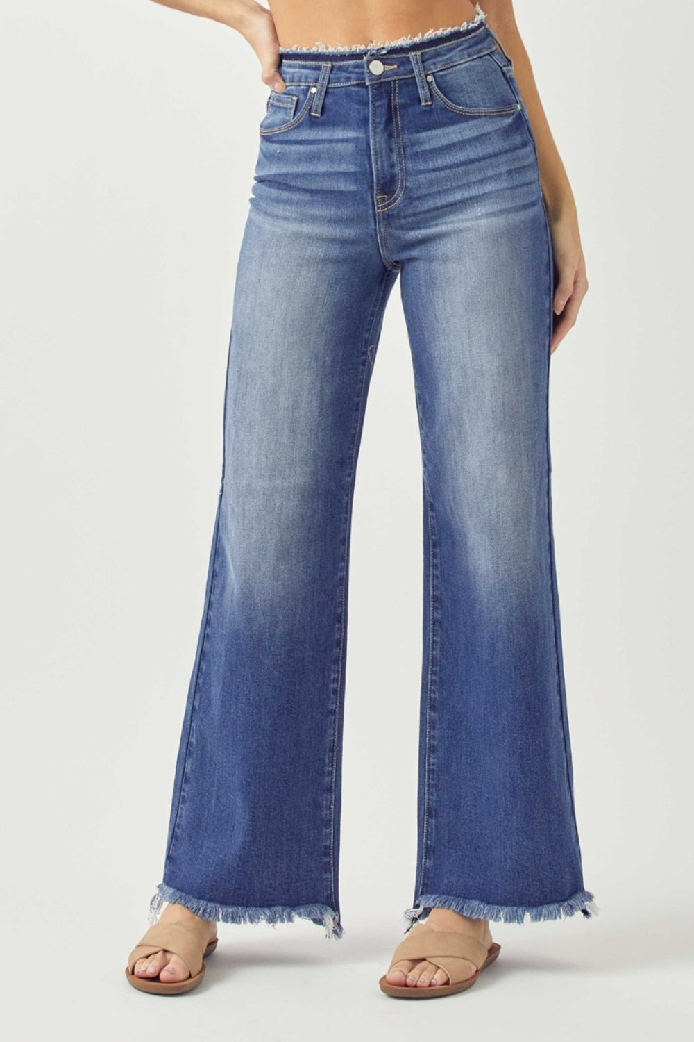 RISEN High Waist Raw Hem Wide Leg Jeans - Dark