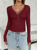 V-Neck Long Sleeve T-Shirt - Burgundy / S