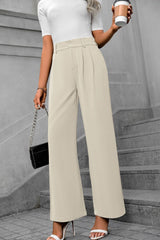 Pocketed High Waist Pants - Beige / XS