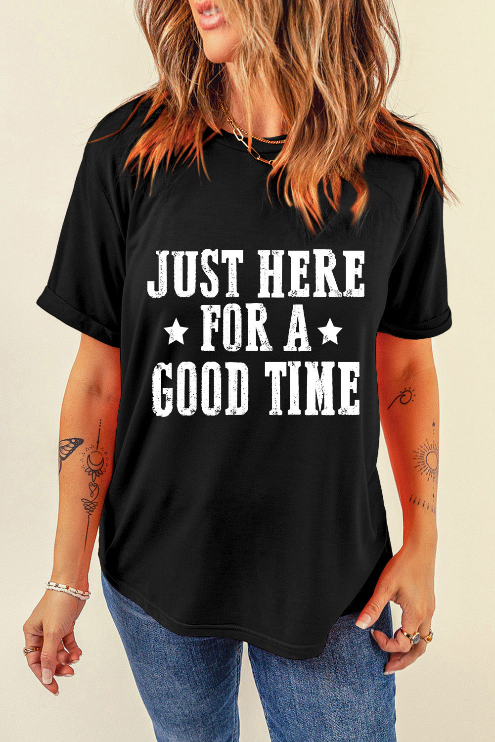 Letter Graphic Round Neck Short Sleeve T-Shirt - Black / S