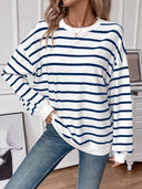 Striped Round Neck Long Sleeve Sweatshirt - Navy / S