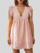 Ruffled Eyelet Cap Sleeve Mini Dress - Watermelon pink / S