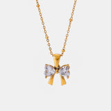 Stainless Steel Inlaid Zircon Bow Necklace