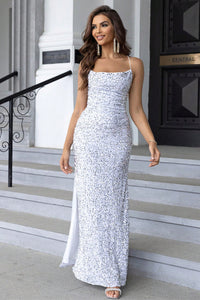 Sequin Backless Split Maxi Dress - White / XS