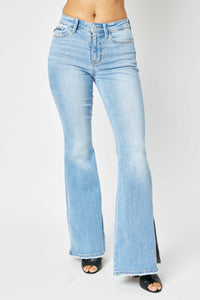 Judy Blue Full Size Mid Rise Raw Hem Slit Flare Jeans - Medium / 1(25)