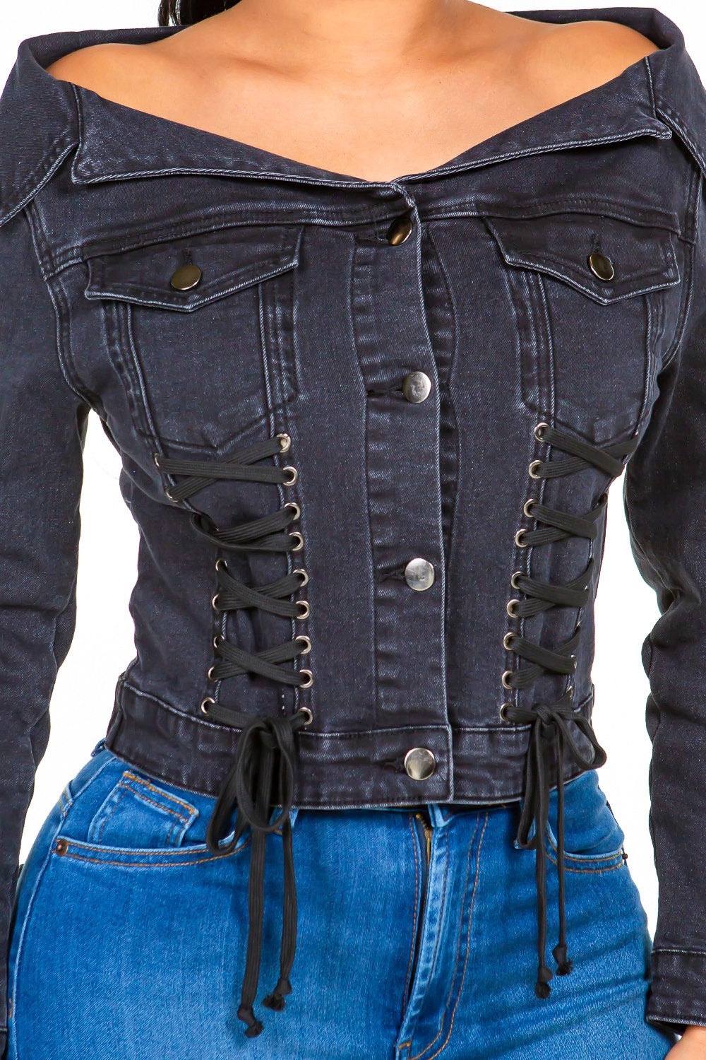 Black Off Shoulder Lace Up Denim Jacket