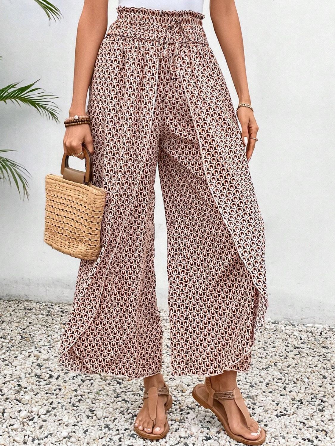 Tied Printed Wide Leg Pants - Pale Blush / S