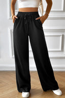 Drawstring Wide Leg Pants with Pocketed - Black / S