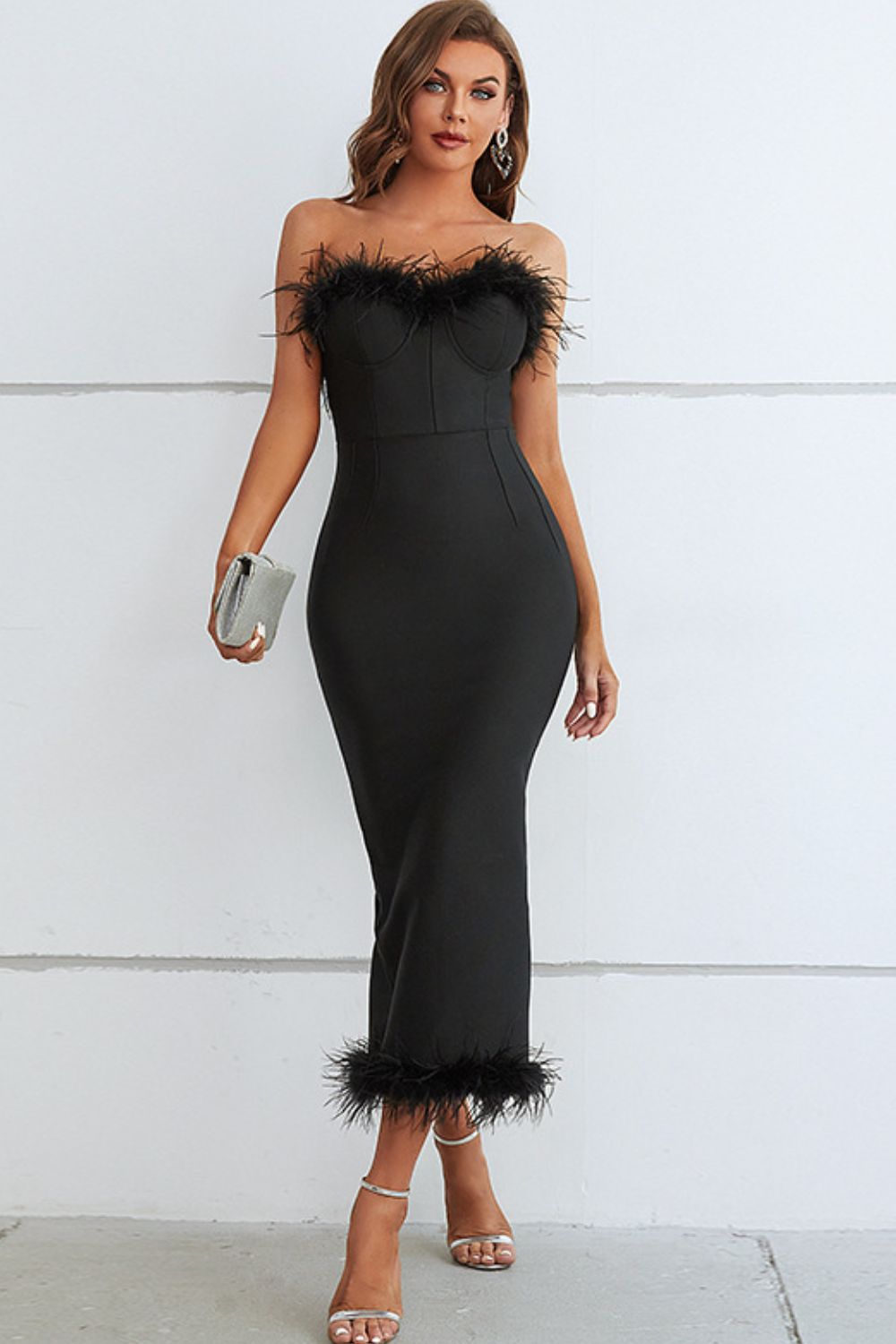 Feather Trim Strapless Sweetheart Neck Dress - Black / S