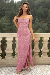 Sequin Backless Split Maxi Dress - Strawberry / XS