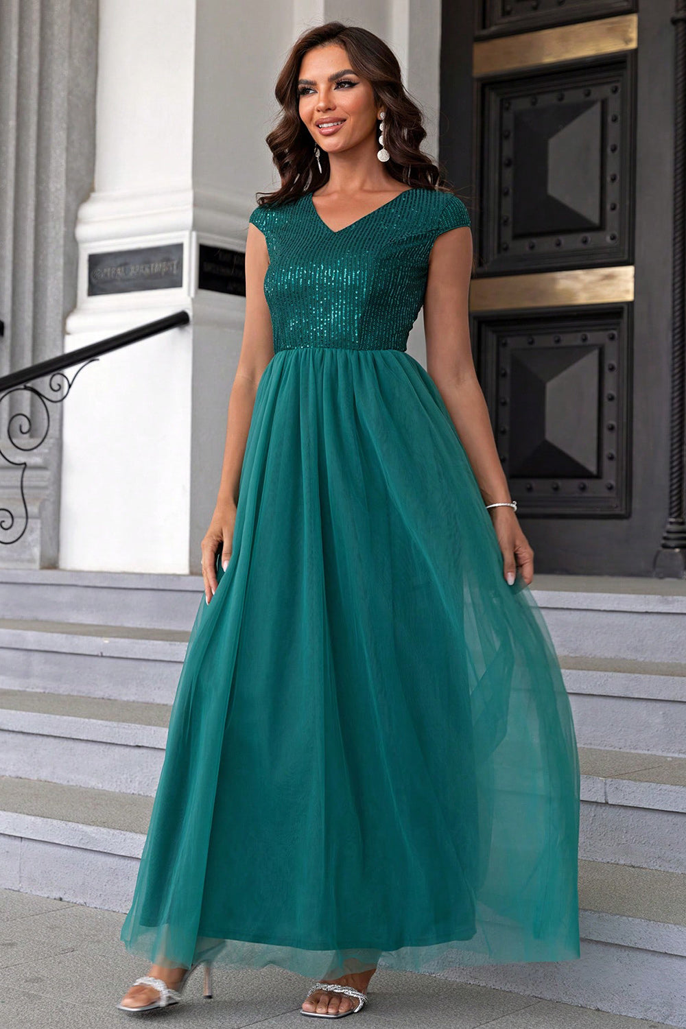 Sequin V-Neck Mesh Maxi Dress - Turquoise / XS