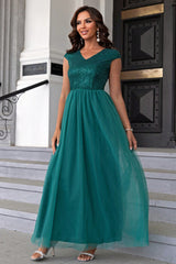 Sequin V-Neck Mesh Maxi Dress - Turquoise / XS