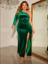 Plus Size One-Shoulder Twisted Split Dress - Green / 1XL