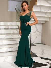 Rhinestone One-Shoulder Formal Dress - Green / XS