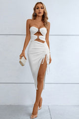 Cutout Strapless Drawstring Detail Split Bandage Dress - White / S