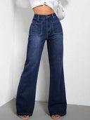 High Waist Bootcut Jeans with Pockets - Dark / XS