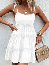 Frill Spaghetti Strap Tiered Dress - White / S