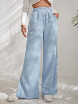 Slit Pocketed High Waist Wide Leg Pants - Light Blue / S