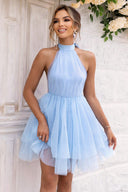 Halter Neck Backless Mesh Dress - Pastel Blue / XS