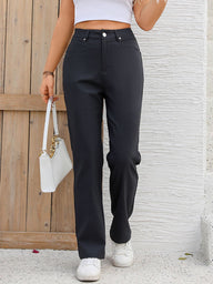 Pocketed High Waist Straight Pants - Dark Gray / XS