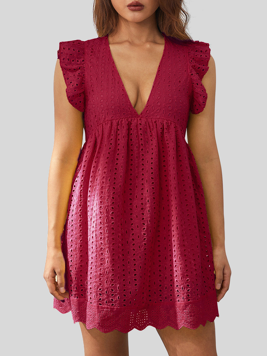 Ruffled Eyelet Cap Sleeve Mini Dress - Hot Pink / S