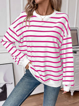 Striped Round Neck Long Sleeve Sweatshirt - Hot Pink / S