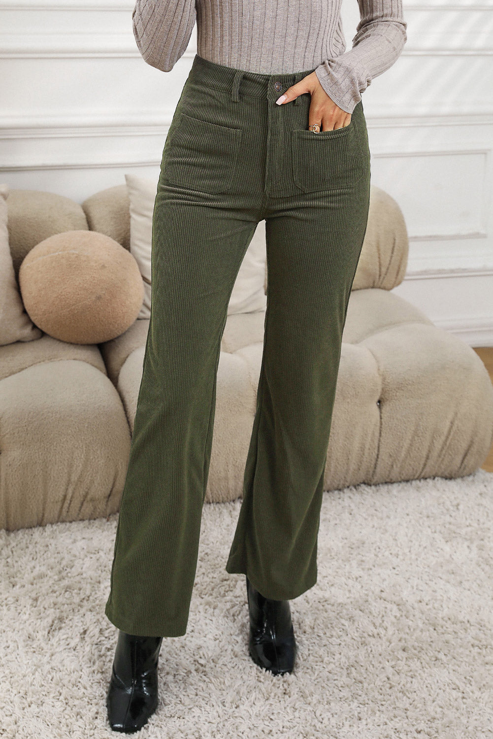 Pocketed High Waist Straight Leg Pants - Moss / S