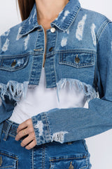 Blue Distressed Denim Jacket with Frayed Hem