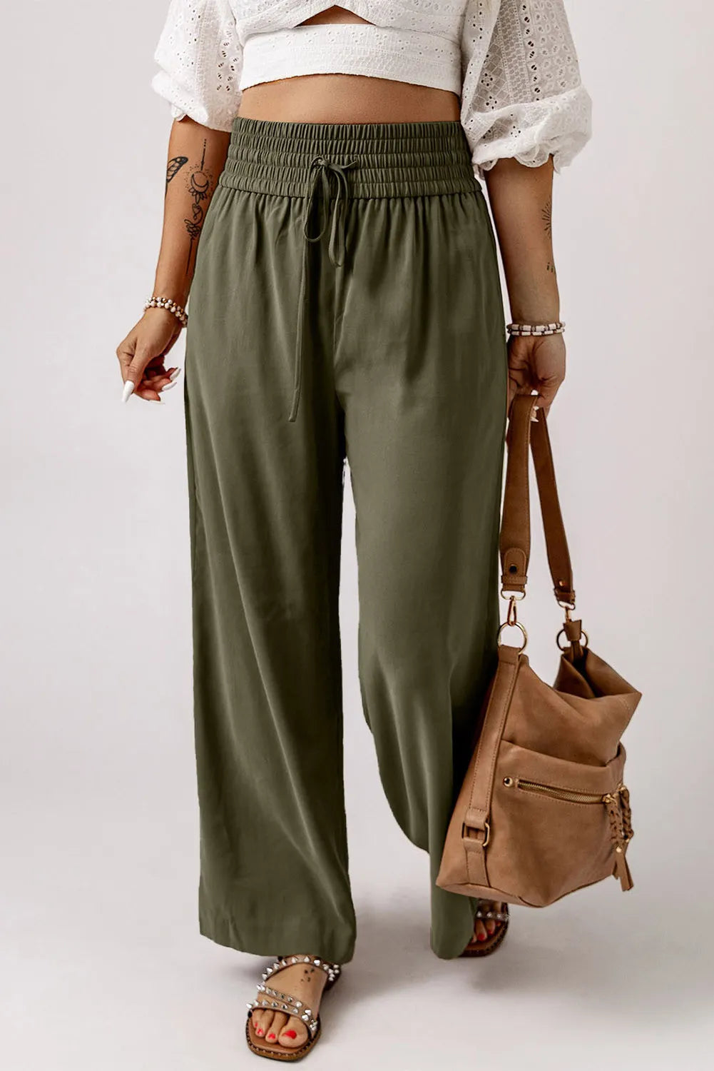 Smocked High Waist Wide Leg Pants - Army Green / S