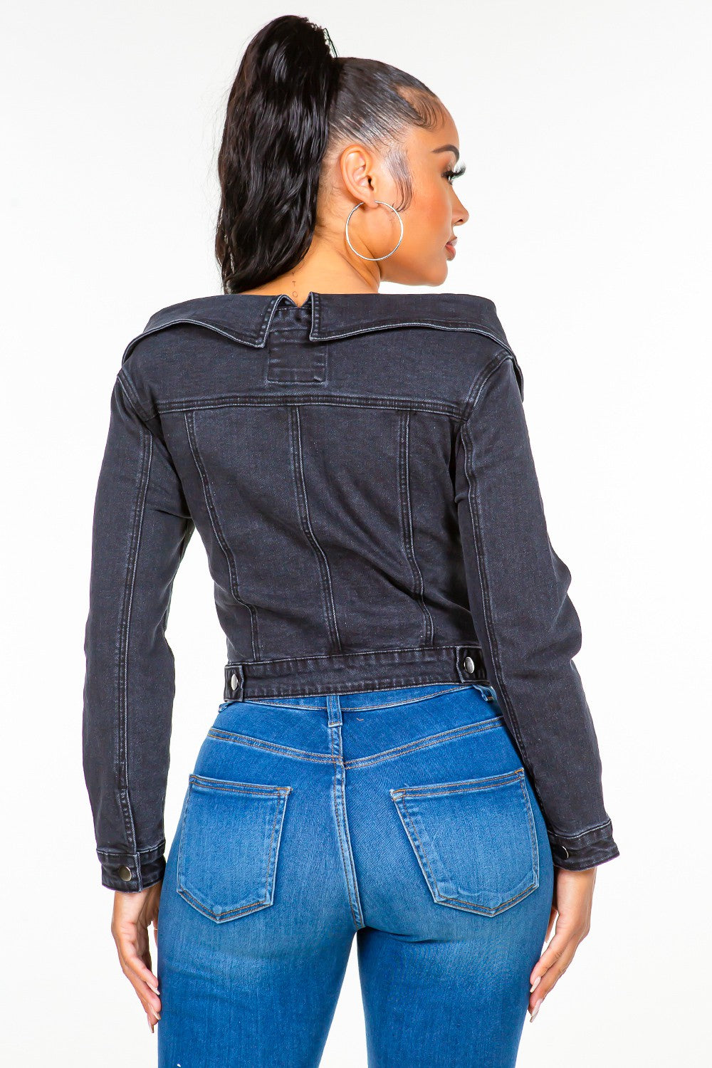 Black Off Shoulder Lace Up Denim Jacket