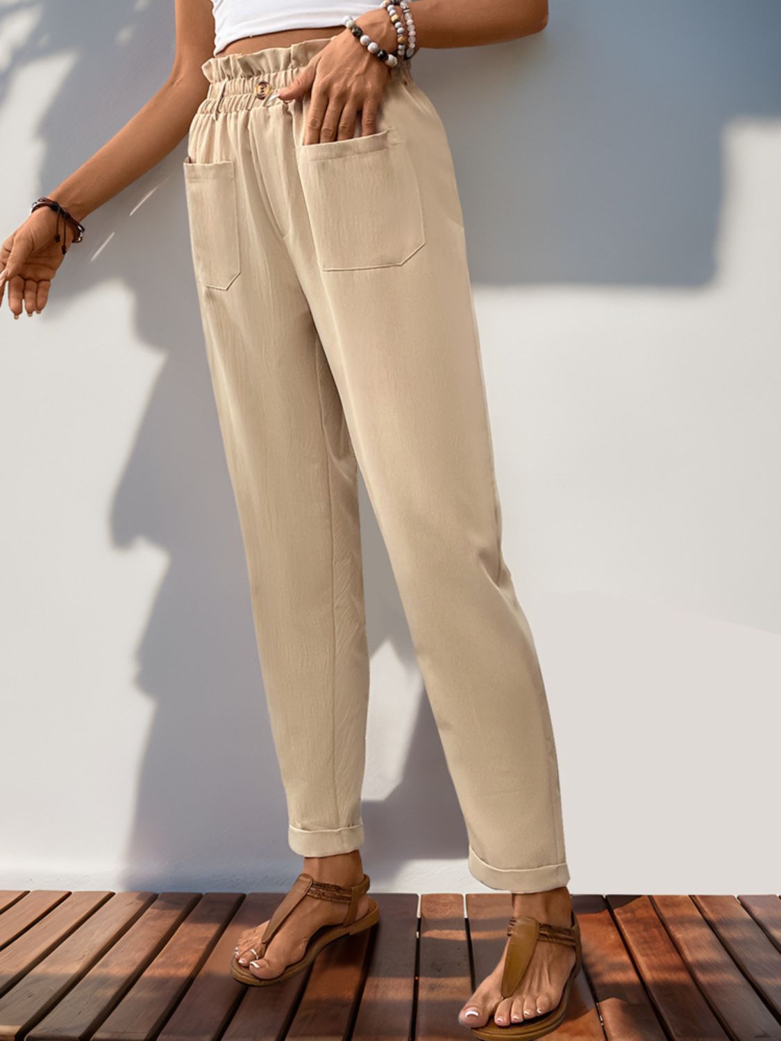 Frill High Waist Pants with Pockets