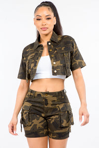 Olive Camo Full Size Short Sleeve Cropped Jacket