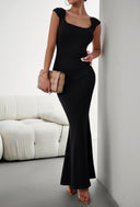 Cap Sleeve Scoop Neck Maxi Dress - Black / S