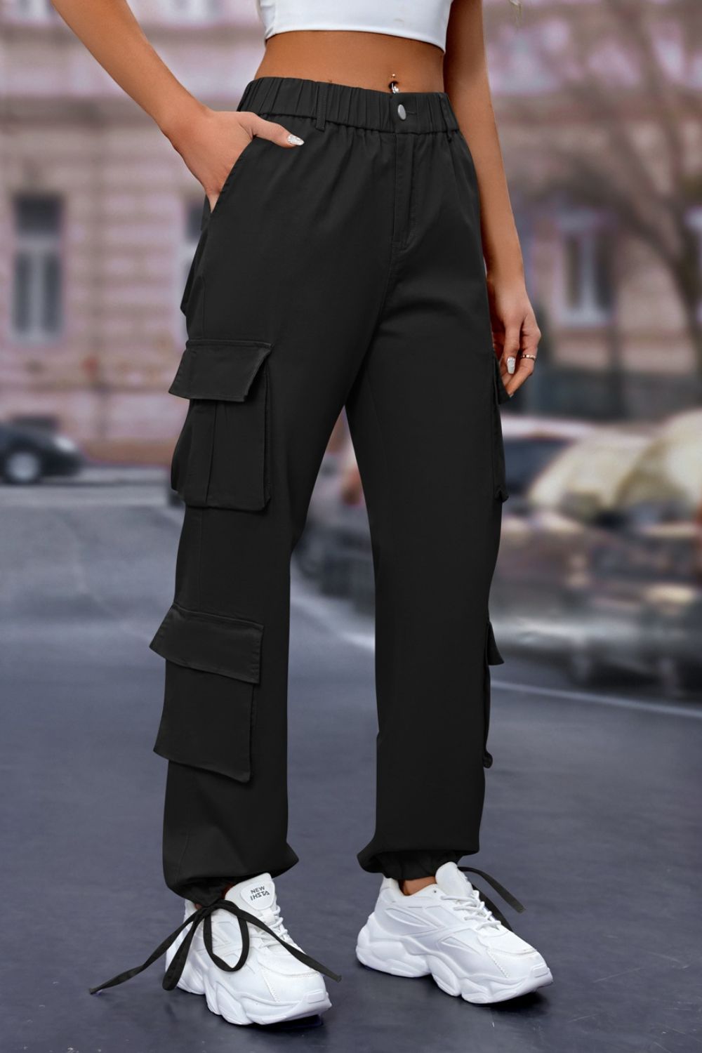 Elastic Waist Cargo Pants - Black / XS