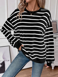 Striped Round Neck Long Sleeve Sweatshirt - Black / S