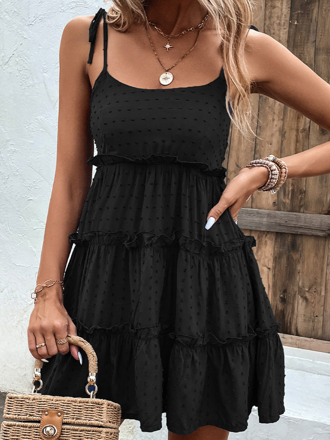 Frill Spaghetti Strap Tiered Dress - Black / S