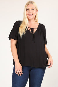 Solid Top With A Necktie Pleated Detail And Flutter Sleeves