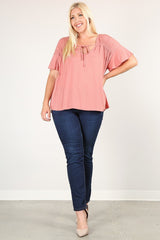 Solid Top With A Necktie Pleated Detail And Flutter Sleeves