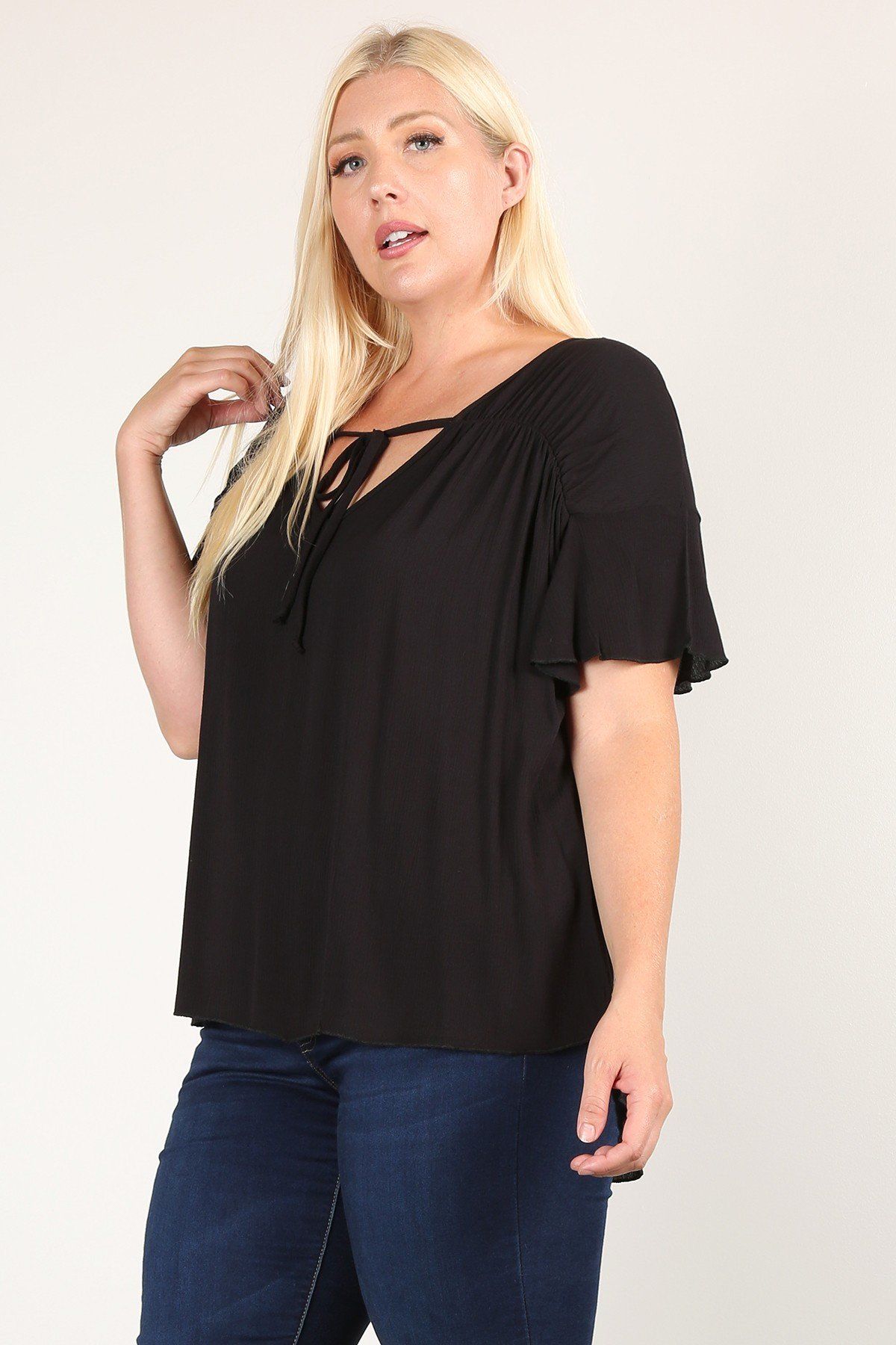 Solid Top With A Necktie Pleated Detail And Flutter Sleeves