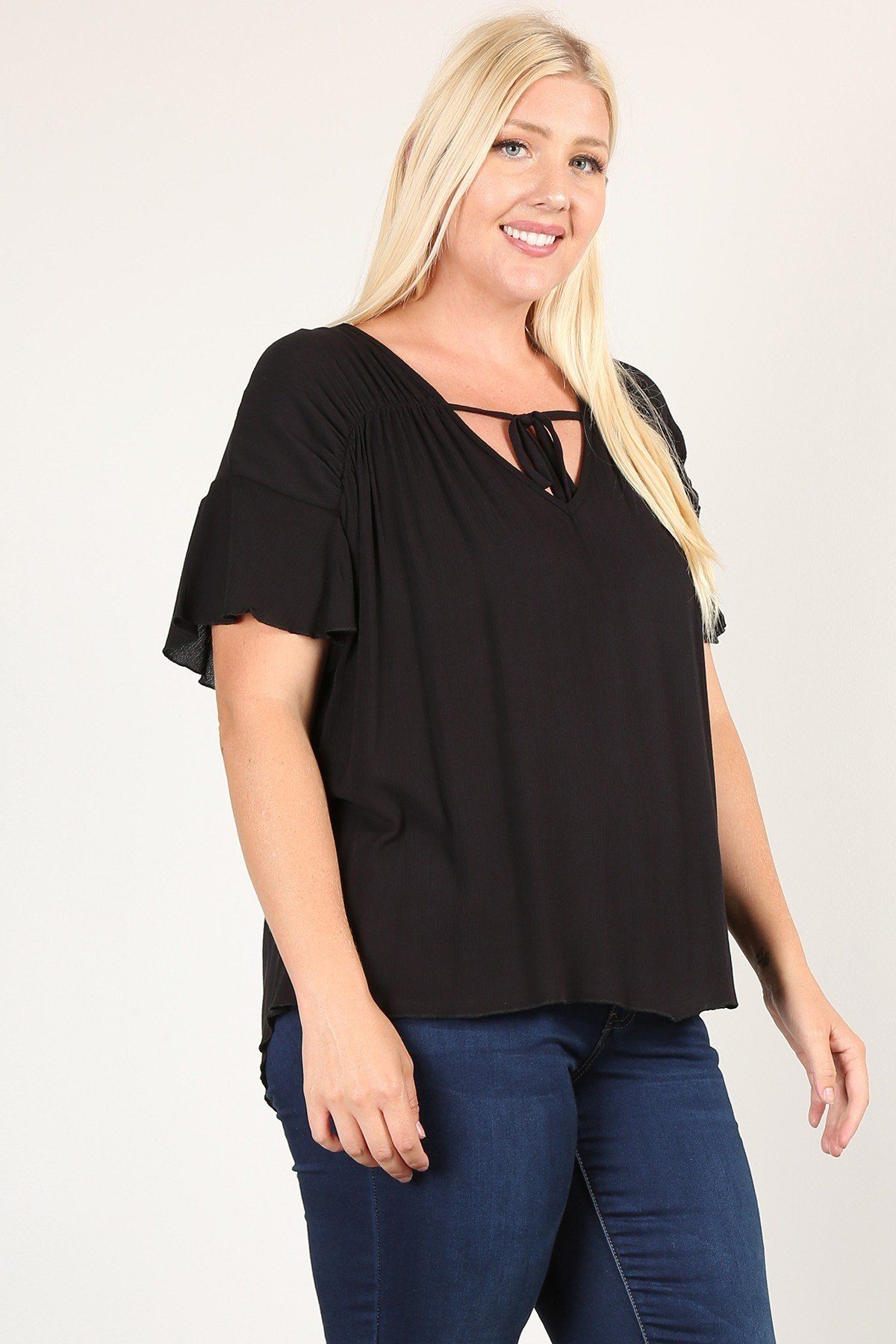 Solid Top With A Necktie Pleated Detail And Flutter Sleeves