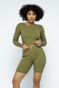 Long Sleeve Knit Crop Top and High-waist Biker Shorts Set