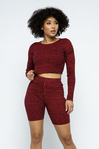 Long Sleeve Knit Crop Top and High-waist Biker Shorts Set - Red / S