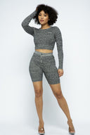 Long Sleeve Knit Crop Top and High-waist Biker Shorts Set - Dark Grey / S