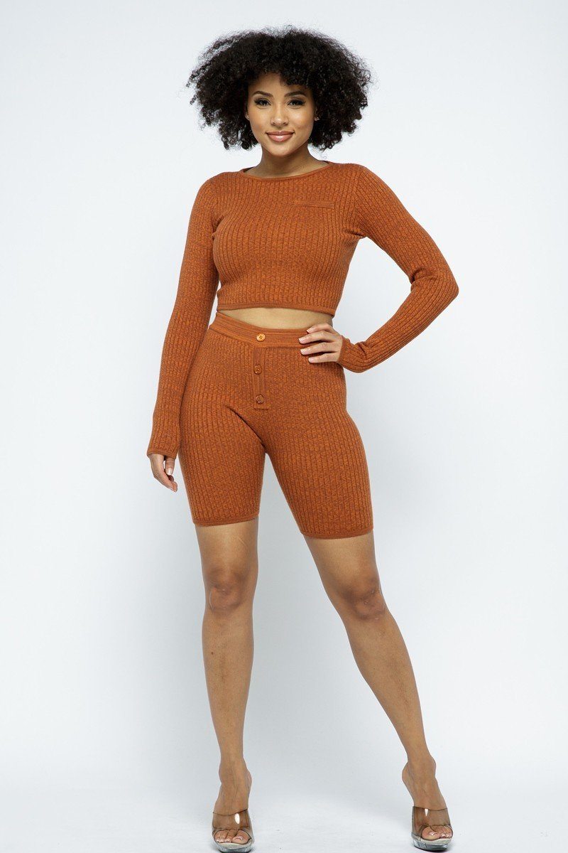 Long Sleeve Knit Crop Top and High-waist Biker Shorts Set - Brown / S