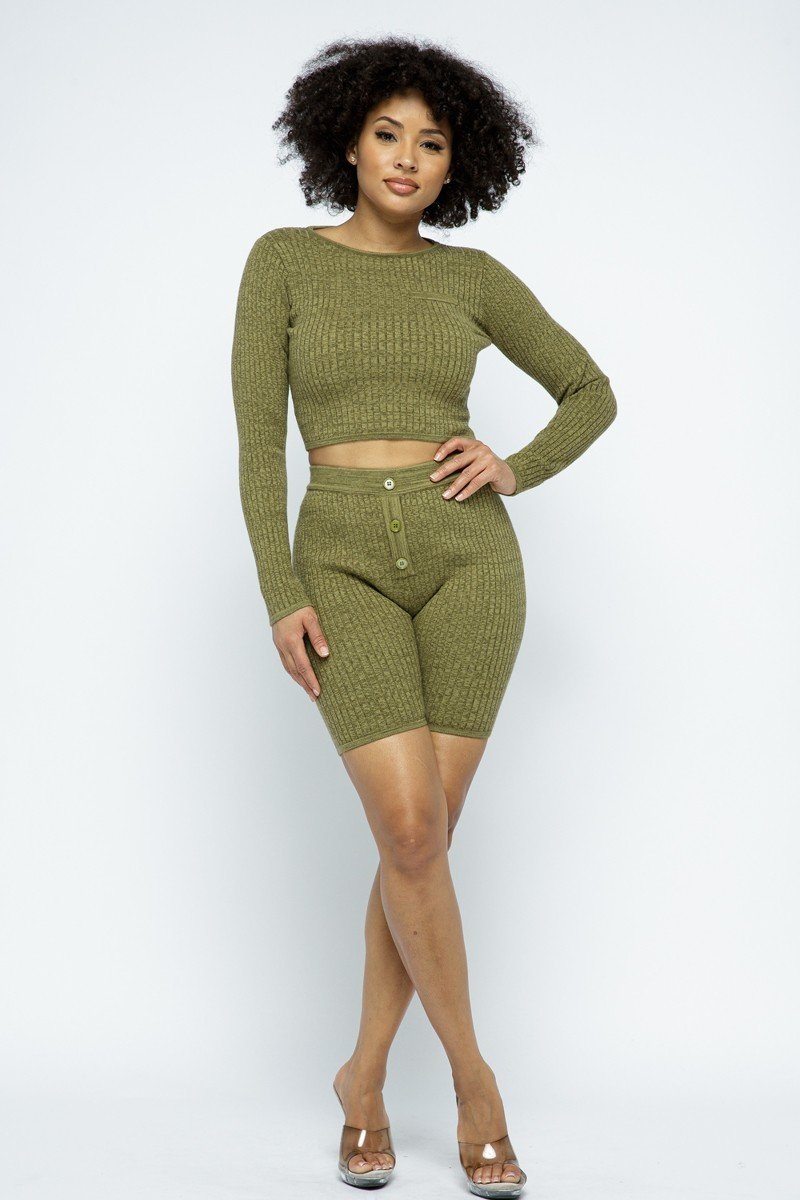 Long Sleeve Knit Crop Top and High-waist Biker Shorts Set