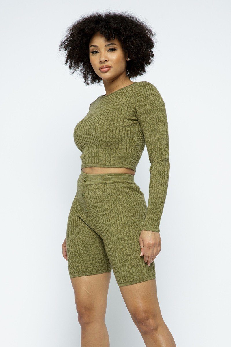 Long Sleeve Knit Crop Top and High-waist Biker Shorts Set - Olive / S