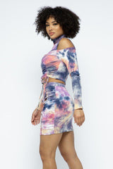 Tie Dye Open Shoulder Long Sleeve Top And Matching Skirt