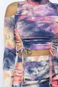 Tie Dye Open Shoulder Long Sleeve Top And Matching Skirt