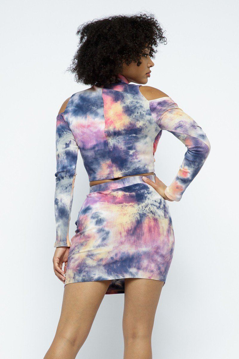 Tie Dye Open Shoulder Long Sleeve Top And Matching Skirt